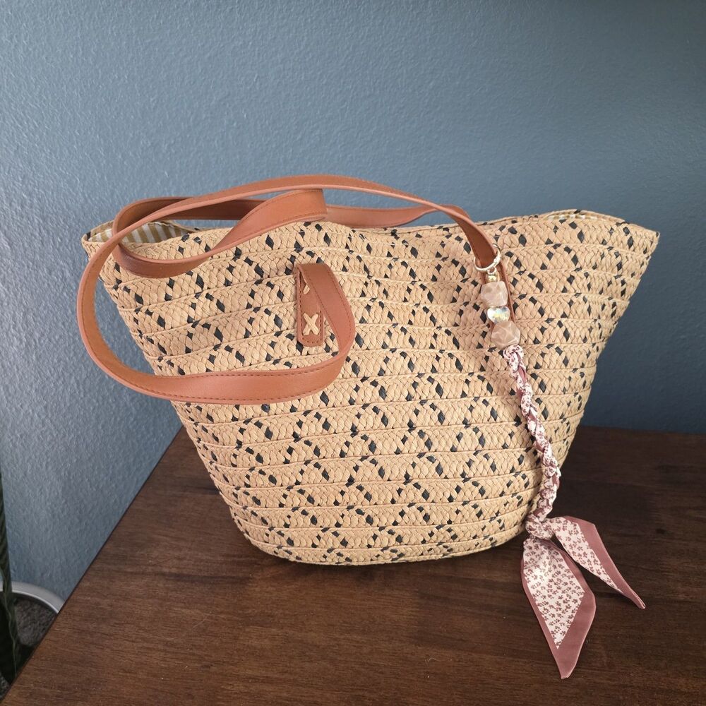 Woven Raffia Straw Tote Purse Double shoulder Strap Beach Market Bag Lined 12x18